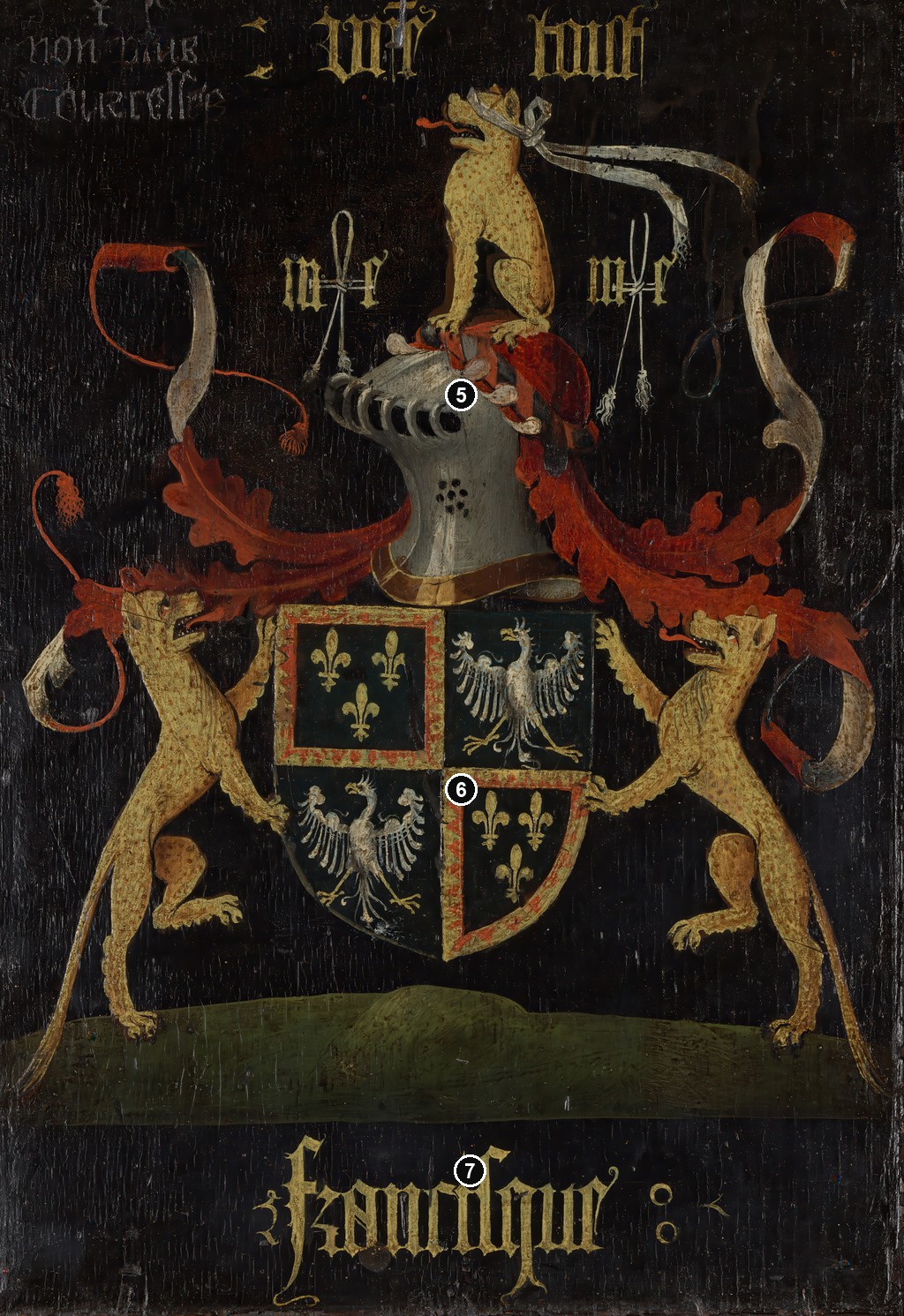Annotated details from Reverse: arms and inscription by Rogier van der Weyden